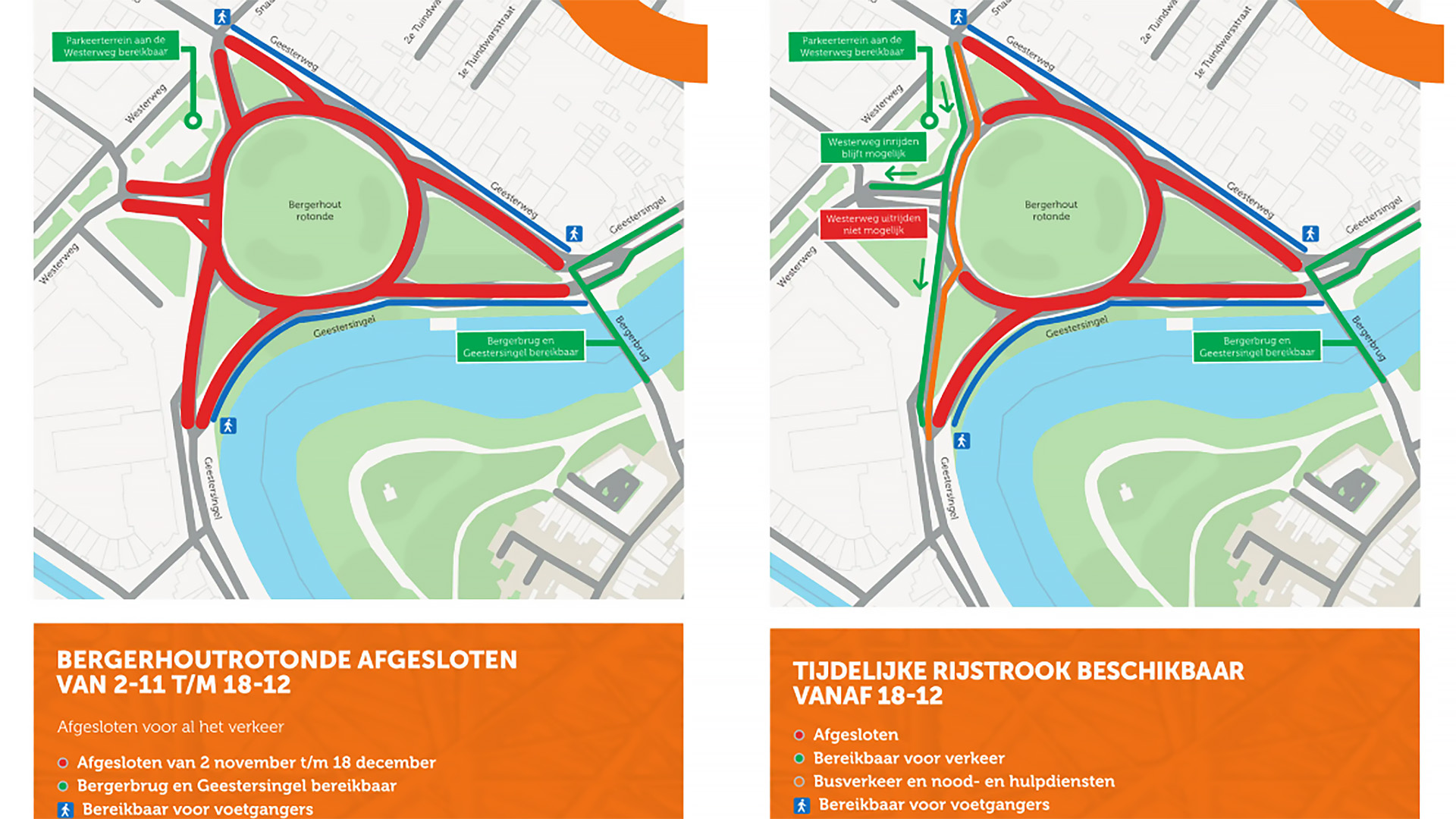 Kaart met verkeersmaatregelen bij Bergehoutrotonde: afsluiting 2-11 t/m 18-12 en tijdelijke rijstrook vanaf 18-12