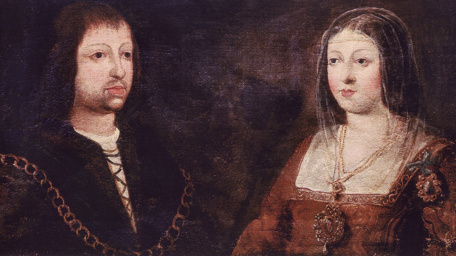 Schilderij van een man en vrouw in renaissancekleding, in zijaanzicht tegenover elkaar tegen donkere achtergrond