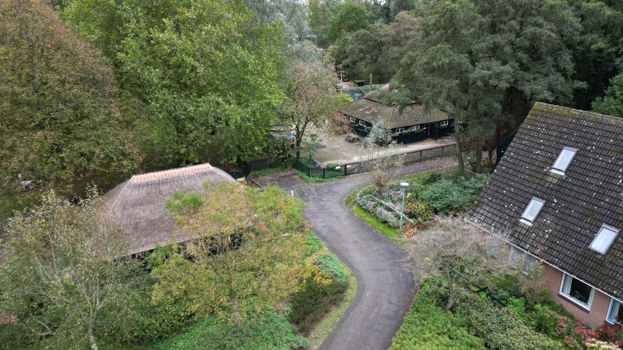 Luchtfoto van bosrijk terrein met slingerende weg en meerdere huizen met rieten en pannendaken