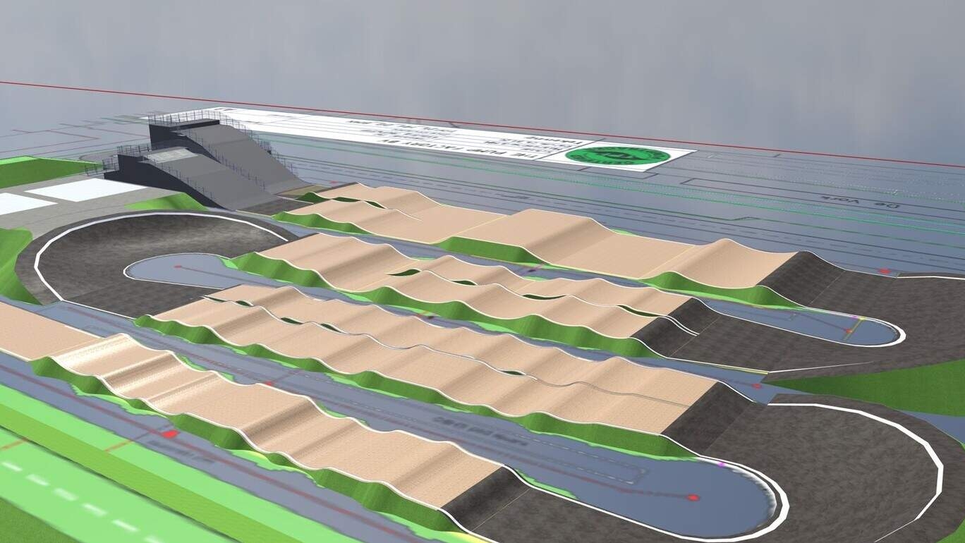 3D-ontwerp van een pumptrack met golvende zandheuvels, bochten en een startplatform op een plattegrond
