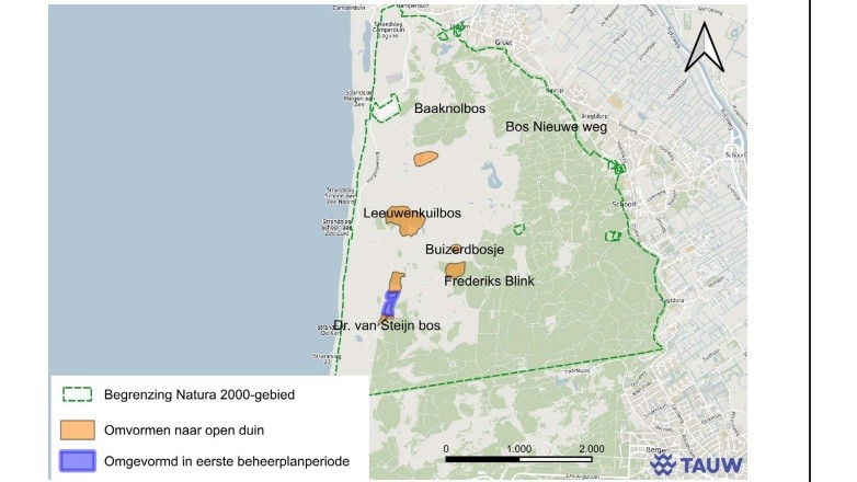 Kaart van Natura 2000-gebied met begrenzing en zones voor omvorming naar open duin, met legenda en schaalbalk