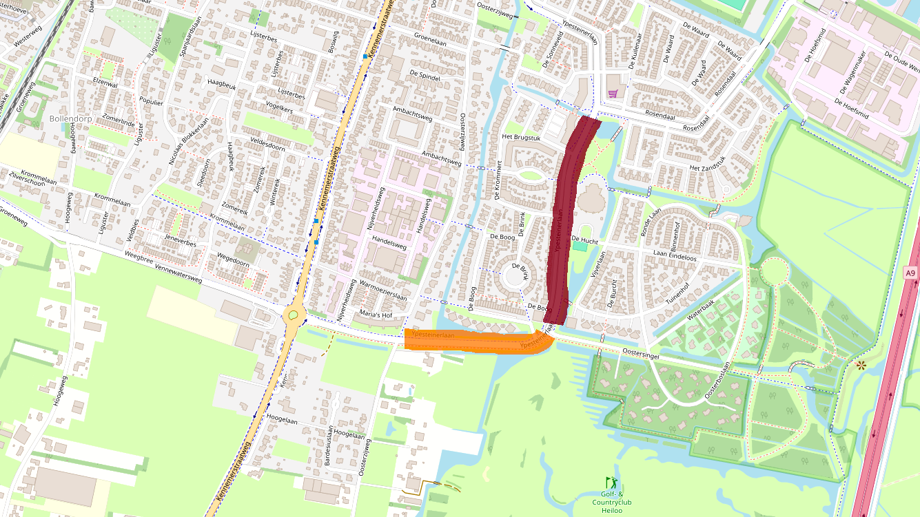 Kaart met gemarkeerde wegvakken: Ypesteinerlaan (oranje) en Ypesteinerlaan-Noord (donkerrood) bij Heiloo