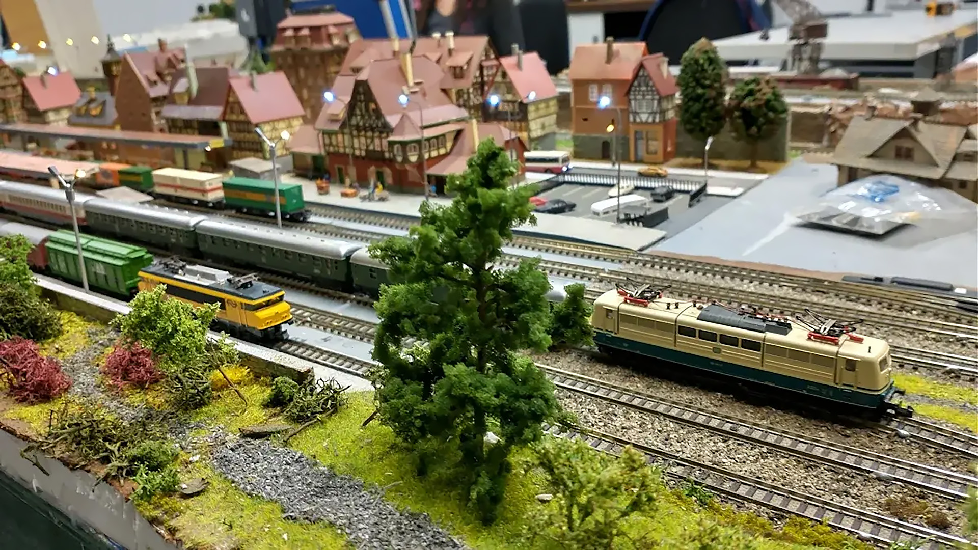 Modelspoorbaan met treinen bij een station en vakwerkhuizen, met bomen en groen op de voorgrond