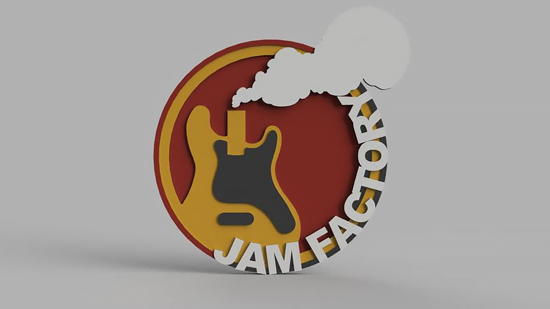Logo van Jam Factory: rode en gele cirkel met gitaarsilhouet en de tekst “JAM FACTORY” eromheen